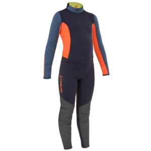 Detská kombinéza z neoprénu 3/2 mm Dinghy 500 šité/lepené švy modro-oranžová TRIBORD