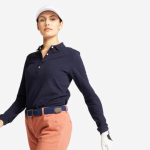 Dámska golfová polokošeľa s dlhým rukávom MW500 tmavomodrá INESIS