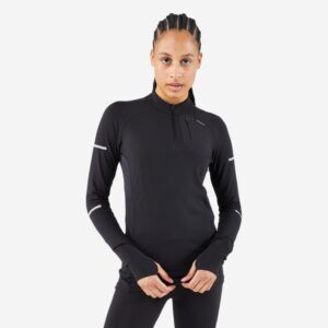 Dámske bežecké tričko Run 500 Warm s dlhým rukávom a 1/2 zipsom hrejivé čierne KIPRUN