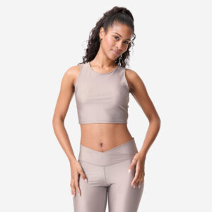 Dámske crop top tielko bez rukávov na fitness sivé DOMYOS