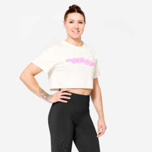 Dámsky fitness crop top voľného strihu biely DOMYOS