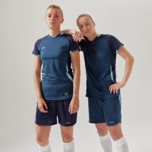 Dámsky futbalový dres s krátkym rukávom úzky strih modrý KIPSTA