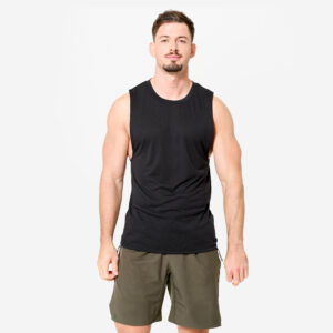 Pánske fitness tielko priedušné s okrúhlym výstrihom čierne DOMYOS
