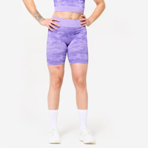 Šortky na fitness s maskáčovým vzorom fialové DOMYOS